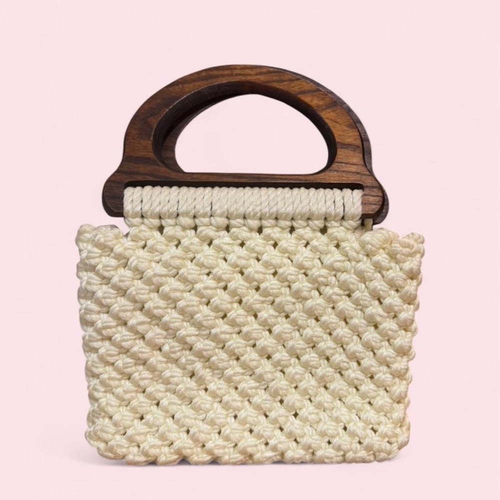 Handcrafted Cream Woven Bag with Wooden Handle